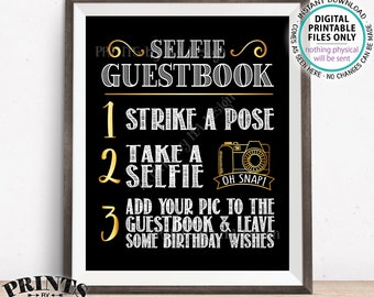 Birthday Selfie Guestbook Sign, Add Your Photo to the Guest Book & Leave Birthday Wishes, Bday Selfie, Black/Gold PRINTABLE 8x10” Sign <ID>