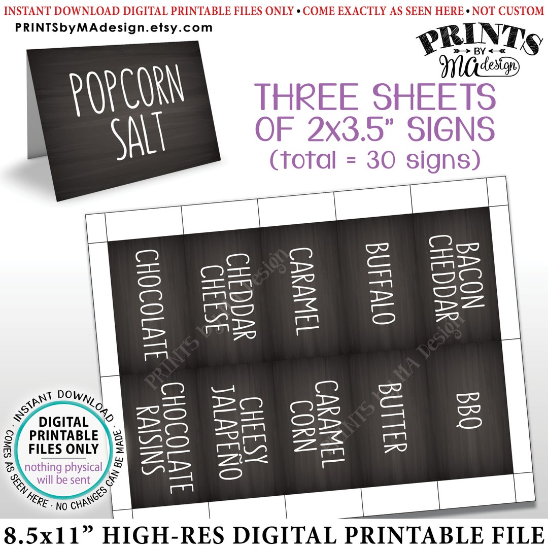 Popcorn Bar Labels, Popcorn Toppings, Sweet & Savory, 30 Chalkboard
