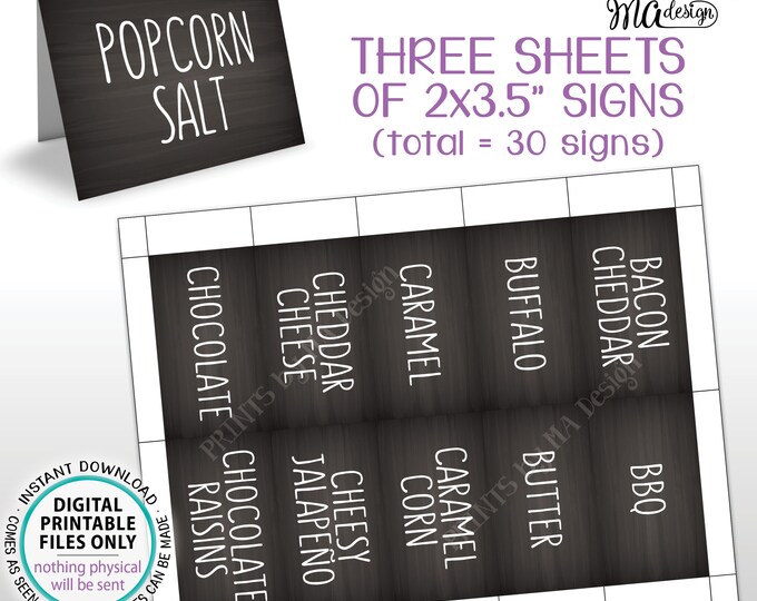 Popcorn Bar Labels, Popcorn Toppings, Sweet & Savory, 30 Chalkboard Style Cards on PRINTABLE 8.5x11” Sheets <ID>