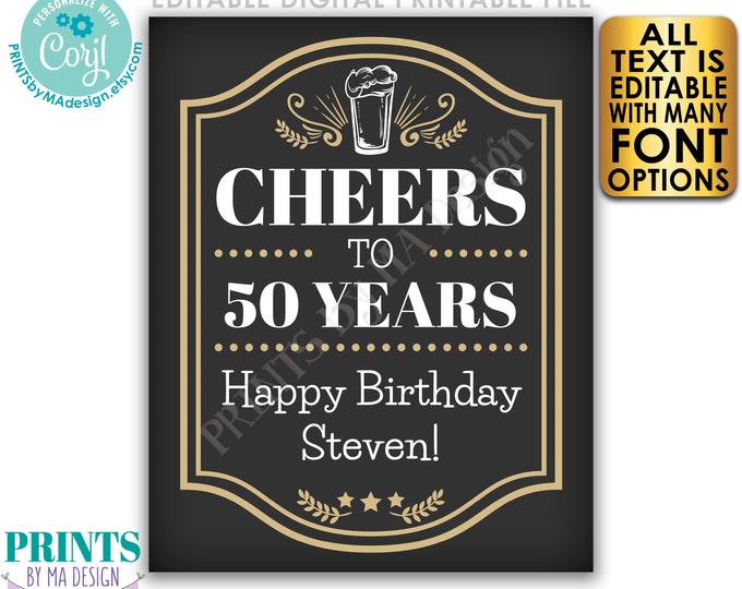 Editable Cheers Sign, Birthday, Retirement, Beer Pint, PRINTABLE 8x10/16x20” Party Sign, Custom Text <Edit Yourself with Corjl>