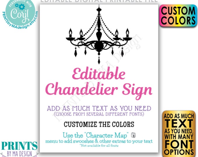 Editable Chandelier Sign, One Custom PRINTABLE 16x20” Portrait Sign, Birthday, Wedding, Choose Your Text & Colors <Edit Yourself with Corjl>