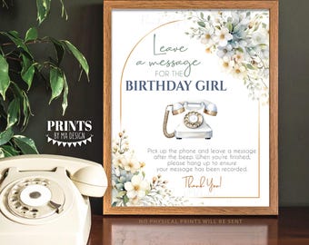 Birthday Party Audio Guest Book Sign, Voicemail Message, Bday Girl, White Flowers, PRINTABLE 8x10/16x20” Guestbook Alternative Sign <ID>