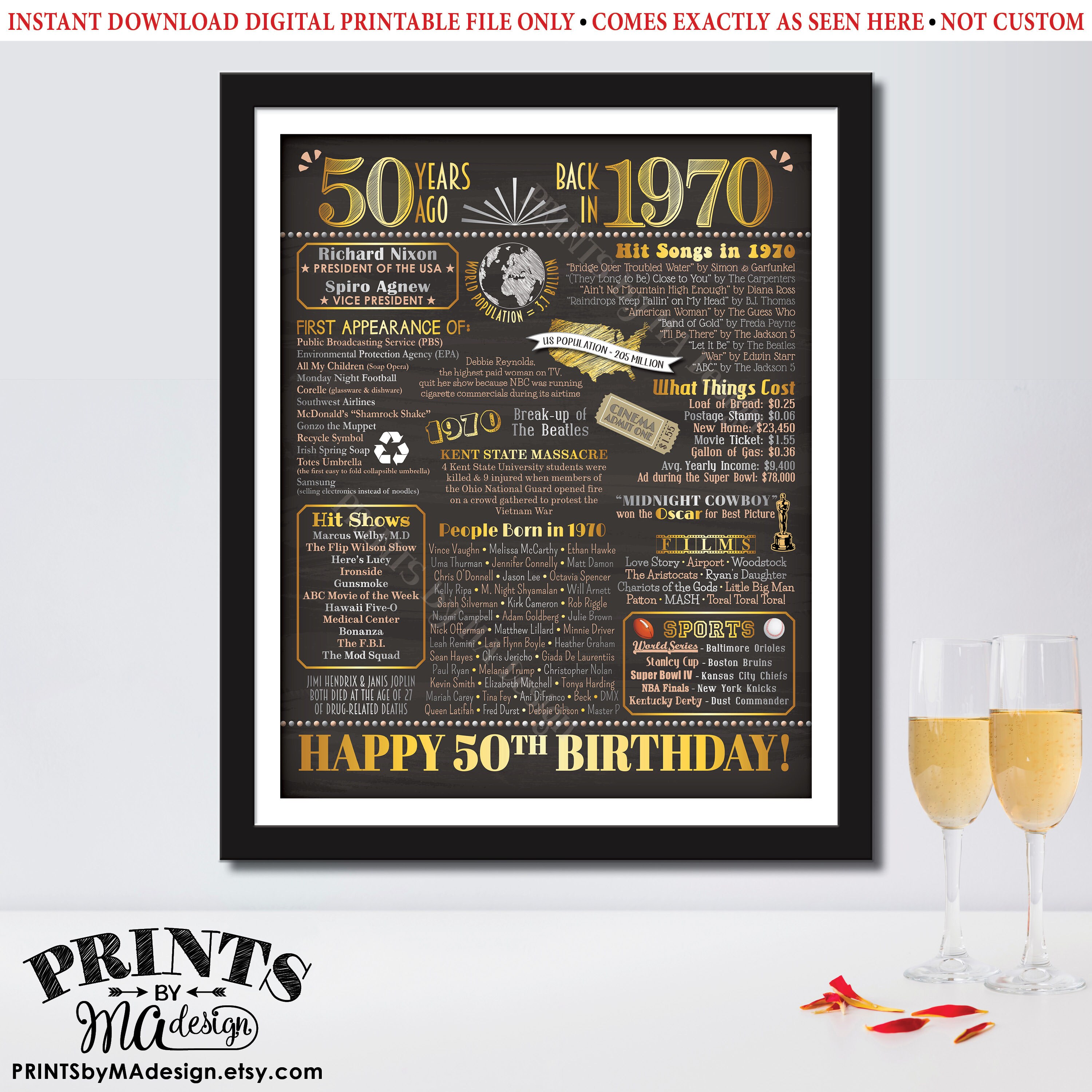 50th Birthday Poster, Flashback 50 Years Ago Back in 1970 Poster Board ...