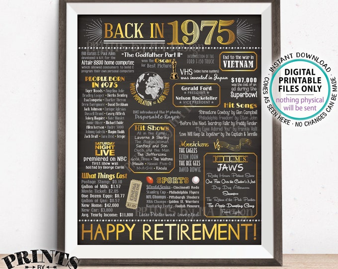 Retirement Party Decorations, Back in 1975 Poster, Flashback to 1975 Retirement Party Decor, PRINTABLE 16x20” Sign <ID>