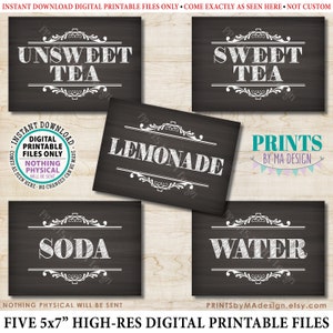 Cold Beverage Signs, Drink Station, Unsweet and Sweet Tea, Lemonade, Soda, Water, 5 Chalkboard Style PRINTABLE 5x7” Signs &lt;ID&gt;