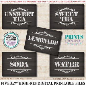 Cold Beverage Signs, Drink Station, Unsweet and Sweet Tea, Lemonade, Soda, Water, 5 Chalkboard Style PRINTABLE 5x7” Signs <ID>