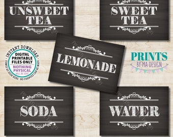 Cold Beverage Signs, Drink Station, Unsweet and Sweet Tea, Lemonade, Soda, Water, 5 Chalkboard Style PRINTABLE 5x7” Signs <ID>