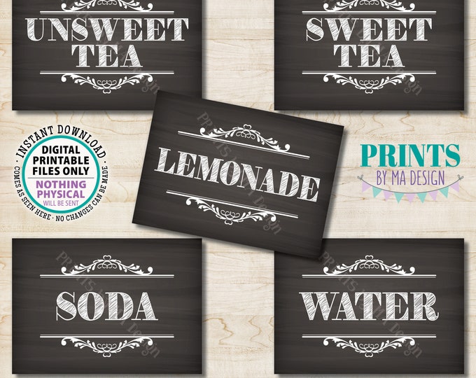 Cold Beverage Signs, Drink Station, Unsweet and Sweet Tea, Lemonade, Soda, Water, 5 Chalkboard Style PRINTABLE 5x7” Signs <ID>