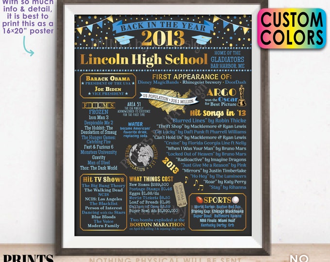 Back in the Year 2013 Poster Board, Class of 2013 Reunion Decoration, Flashback to 2013 Graduating Class, Custom PRINTABLE 16x20” Sign