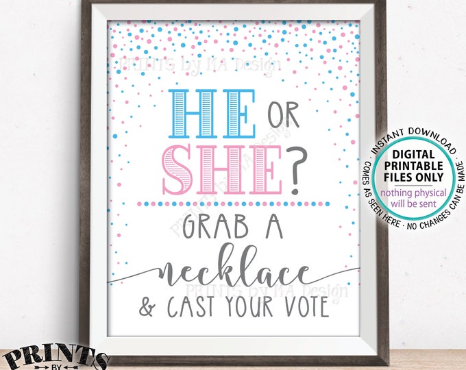 Gender Reveal Party Sign, He or She? Grab a Necklace and Cast Your Vote, PRINTABLE 8x10/16x20 Gender Reveal Sign, Pink & Blue Confetti <ID>