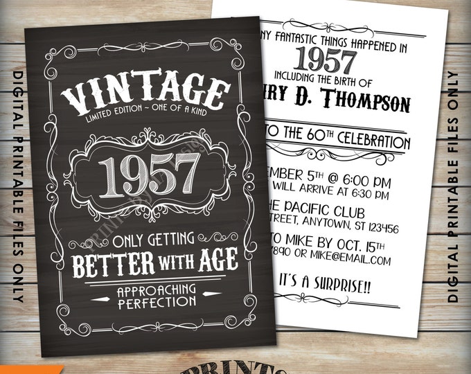 Vintage Birthday Invitation, Better with Age Whiskey themed Birthday Invite, PRINTABLE Chalkboard Style 5x7” Digital Files