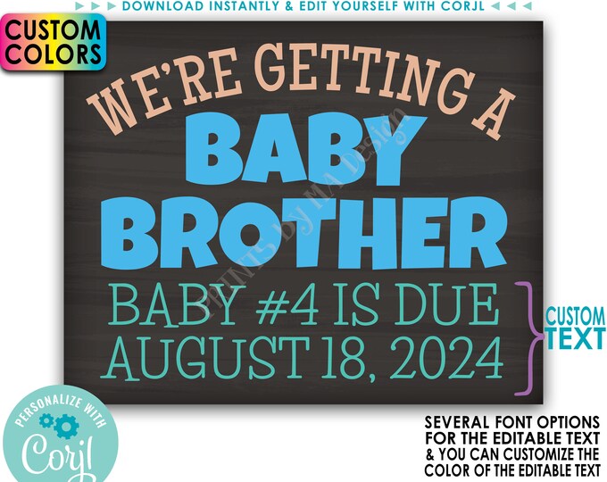 We're Getting a Baby Brother Pregnancy Announcement, PRINTABLE 8x10/16x20” Chalkboard Style Baby Boy Reveal Sign <Edit Yourself with Corjl>
