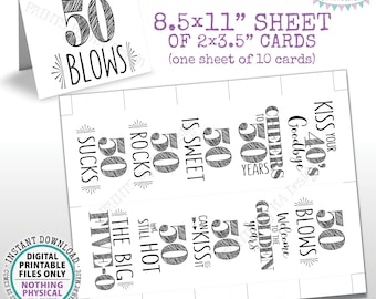 50th Birthday Party Candy Signs, Cheers to 50 Candy Bar, 50 Sucks Blows Rocks Sweet, Kiss 40s Goodbye, PRINTABLE 8.5x11” Sheet of Cards <ID>