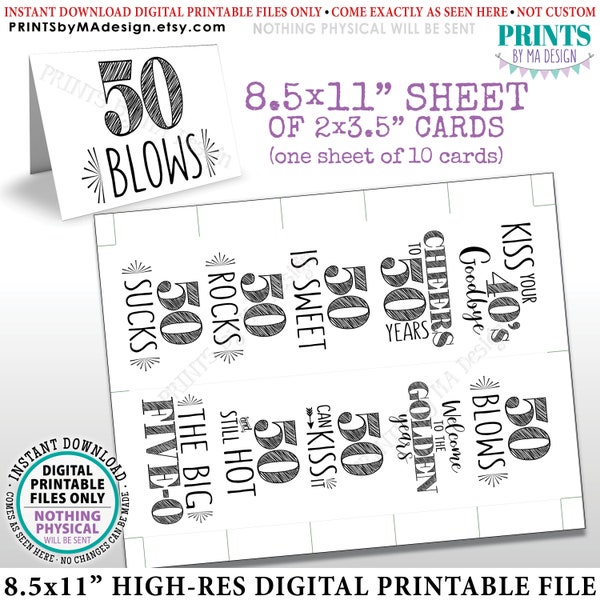 50th Birthday Party Candy Signs, Cheers to 50 Candy Bar, 50 Sucks Blows Rocks Sweet, Kiss 40s Goodbye, PRINTABLE 8.5x11” Sheet of Cards <ID>