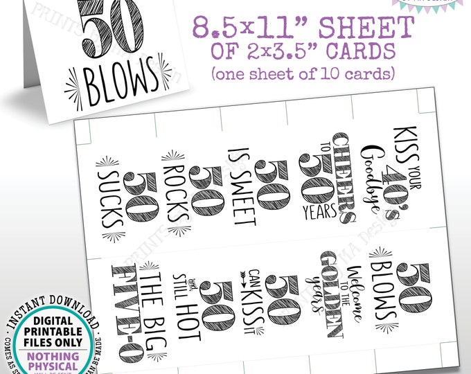 50th Birthday Party Candy Signs, Cheers to 50 Candy Bar, 50 Sucks Blows Rocks Sweet, Kiss 40s Goodbye, PRINTABLE 8.5x11” Sheet of Cards <ID>