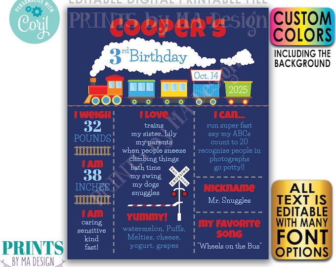 Train Birthday Poster, Train Theme Bday Board, Yearly Stats Milestones, Custom PRINTABLE 8x10/16x20" Sign <Edit Yourself with Corjl>