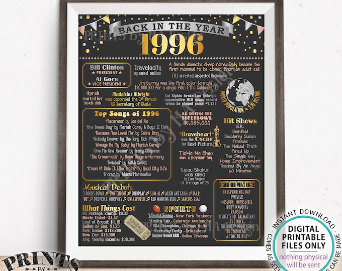 Back in the Year 1996 Poster Board, Remember 1996 Sign, Flashback to 1996 USA History from 1996, PRINTABLE 16x20” Sign <ID>