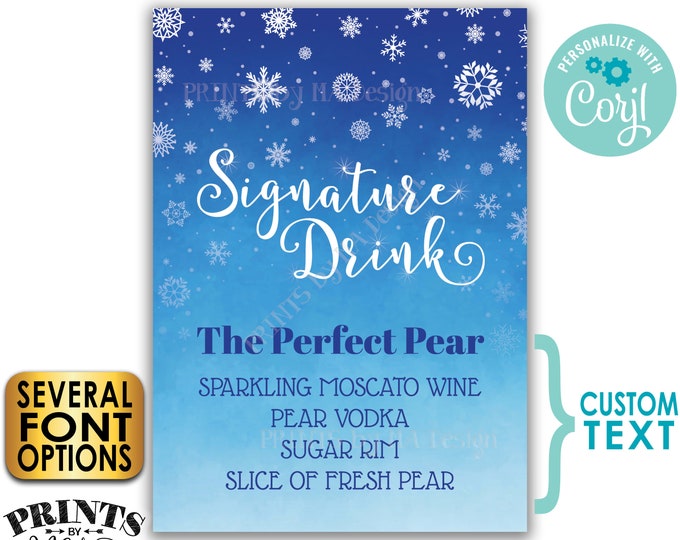 Signature Drink Sign, Christmas Party Cocktail, Winter Snowflakes, Holiday Bar, Blue PRINTABLE 5x7” Sign <Edit Yourself w/Corjl>