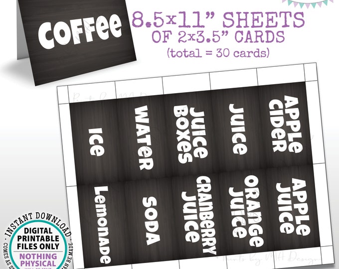 Beverage Station Labels, Drink Signs, Coffee Tea Beer Wine Soda Juice, PRINTABLE 8.5x11” Sheet of Thirty 2x3.5" Chalkboard Style Labels <ID>