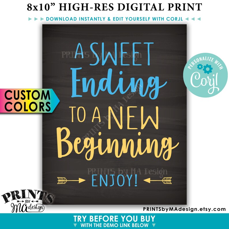 Puede incluir: Impresi&oacute;n digital sobre fondo gris oscuro con el texto "A Sweet Ending to a New Beginning" en azul y amarillo. La impresi&oacute;n mide 20,3 x 25,4 cm e incluye el texto "Enjoy!" con flechas. El dise&ntilde;o ofrece colores personalizados.