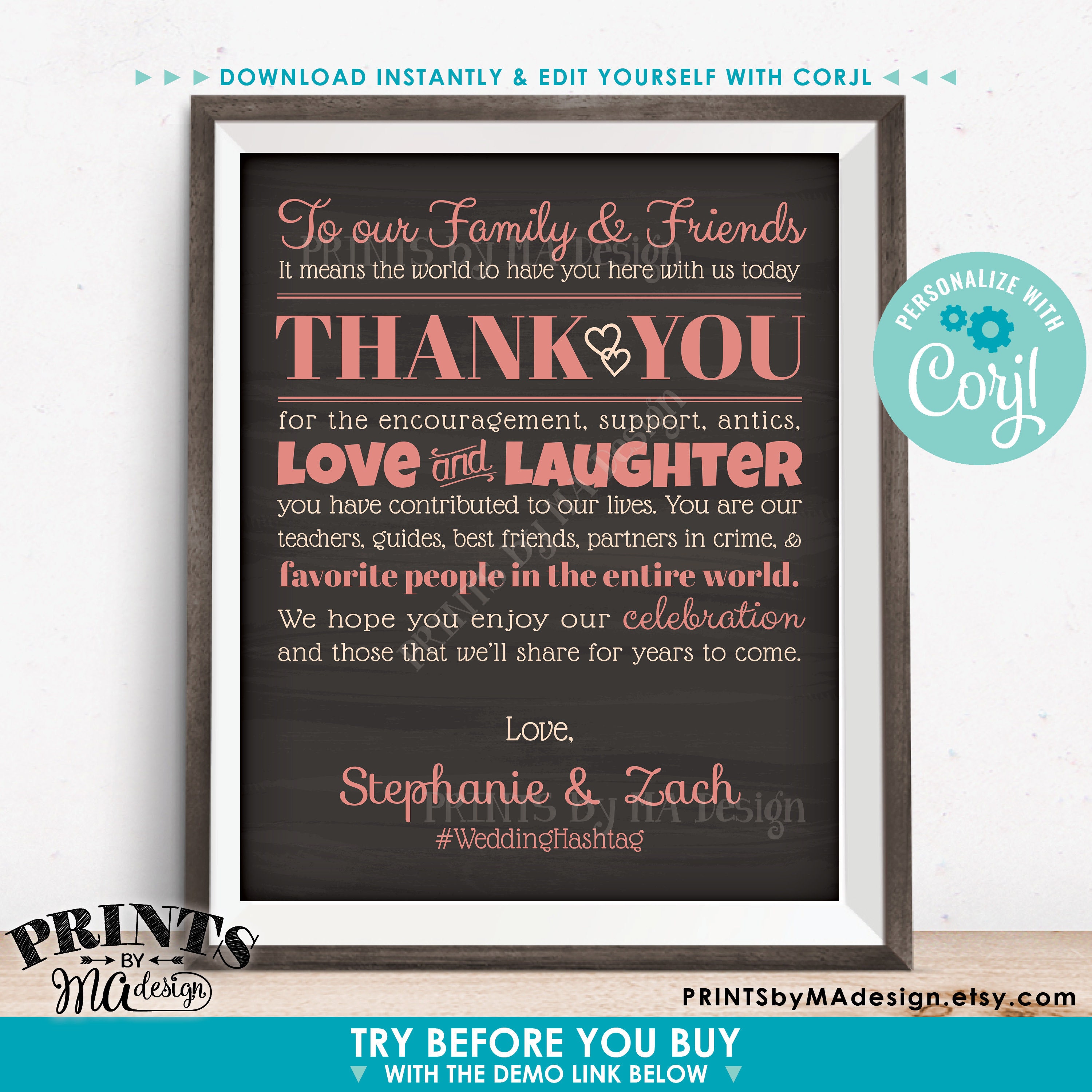 PERSONALISED THANK YOU TO FAMILY & FRIENDS CHALKBOARD STYLE WEDDING SIGN/PRINT 