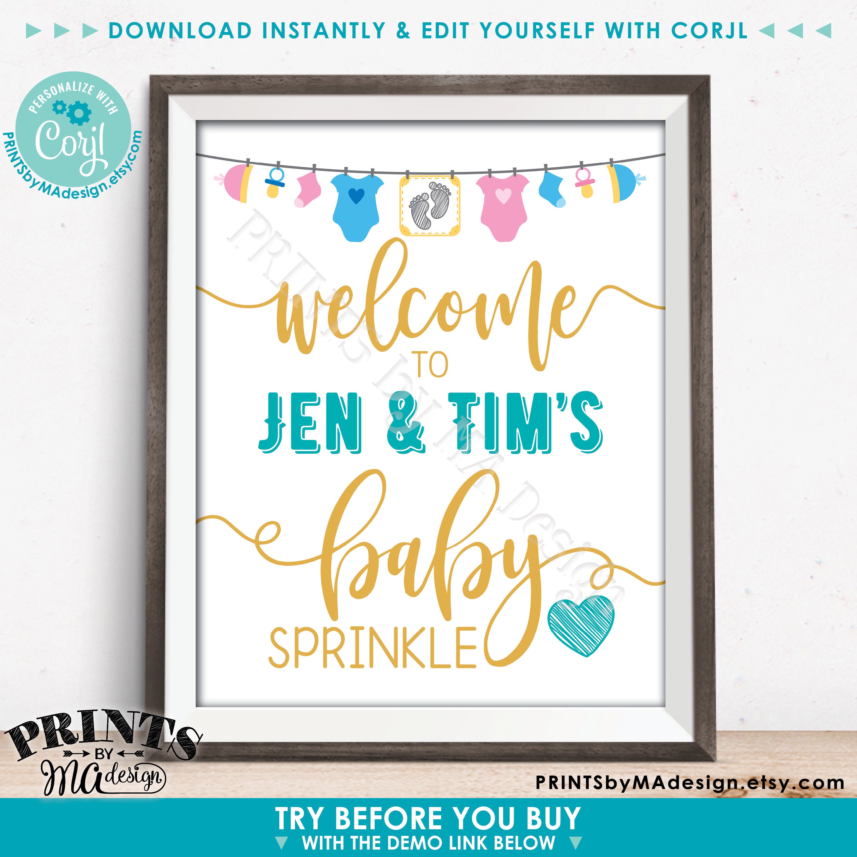 Editable Baby Shower Welcome Sign, Baby Clothesline, Pink &amp; Blue Decor ...