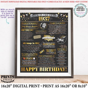 Back in 1937 Birthday Poster Board, Flashback to 1937 Birthday Decoration, ‘37 B-day Gift, PRINTABLE 16x20” Sign, Birthday Decor &lt;ID&gt;