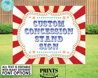 Carnival Concession Stand Sign, Custom Circus Festival, Birthday Party, One PRINTABLE 8x10/16x20” Sign <Edit Text Yourself w/Corjl>