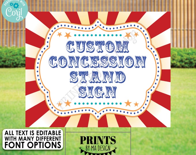 Carnival Concession Stand Sign, Custom Circus Festival, Birthday Party, One PRINTABLE 8x10/16x20” Sign <Edit Text Yourself w/Corjl>