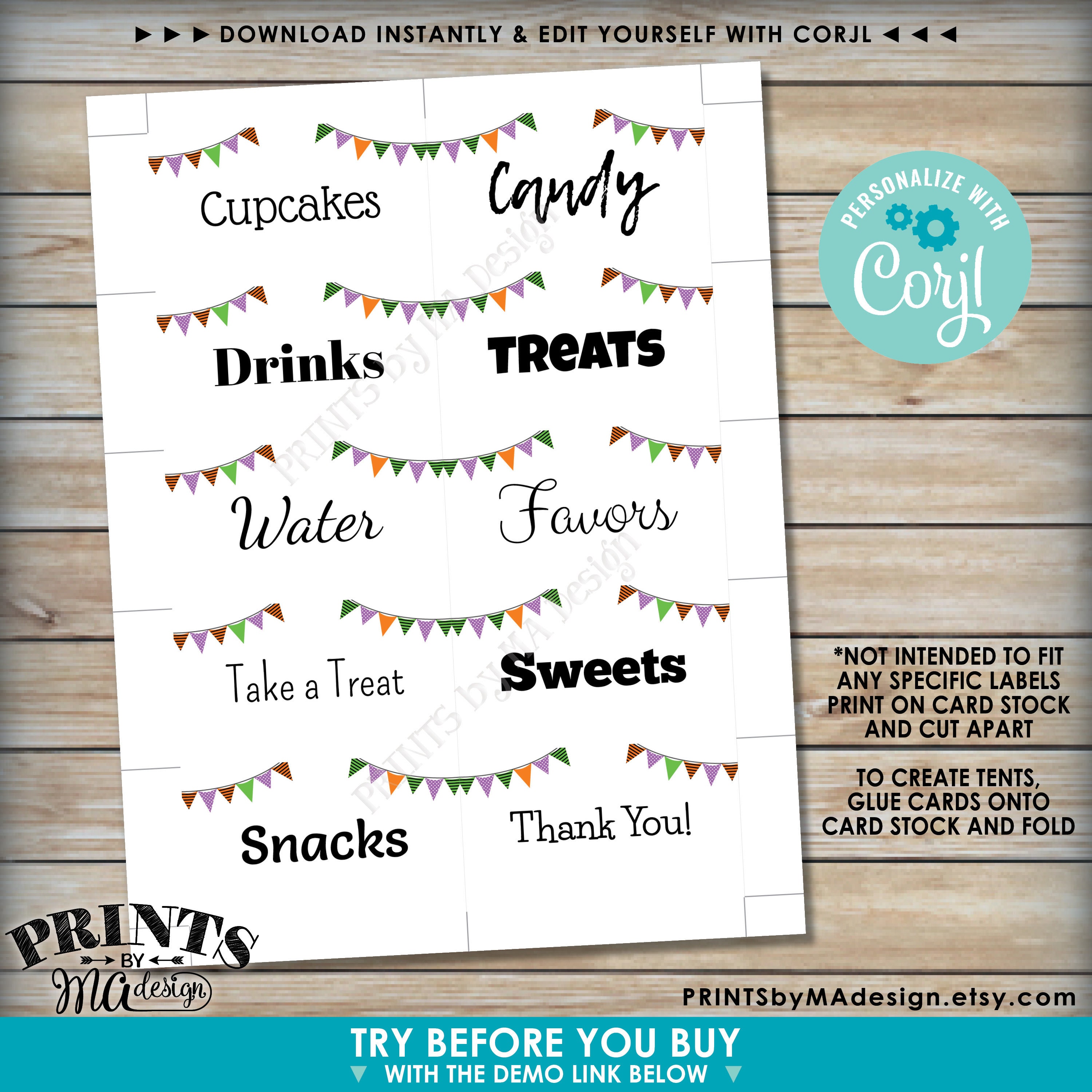Halloween Place Cards, Buffet Food Signs, Flags, One PRINTABLE 8.5x11