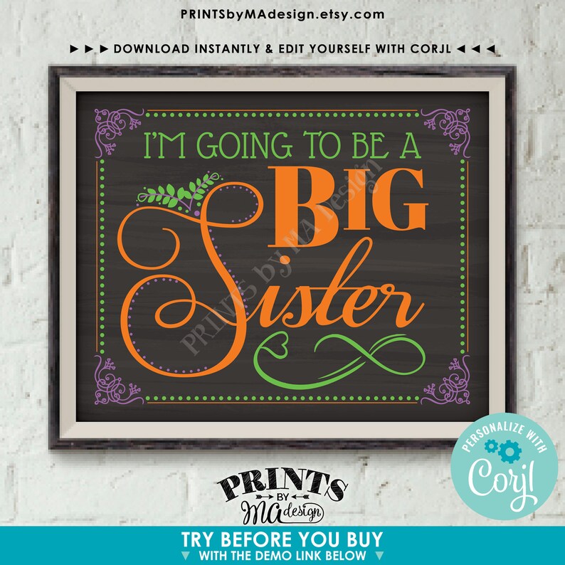 Download I'm going to be a Big Sister Pregnancy Announcement Baby Number 2 PRINTABLE Chalkboard Style Sign