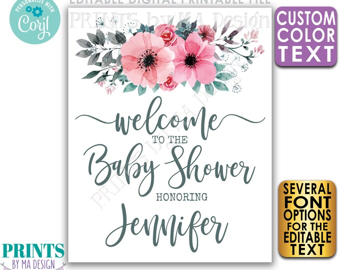 Editable Floral Baby Shower Welcome Sign, Pink Gray Teal/Turquoise, Custom PRINTABLE 8x10/16x20” Editable Template <Edit Yourself w/Corjl>