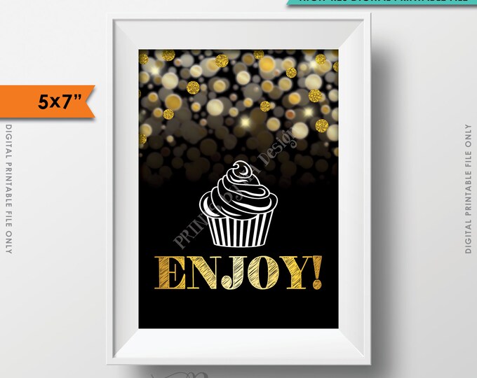 Cupcake Sign, Enjoy Some Treats Dessert, Birthday, Anniversary, Retirement, Graduation, Black & Gold Glitter Instant Download 5x7” Printable