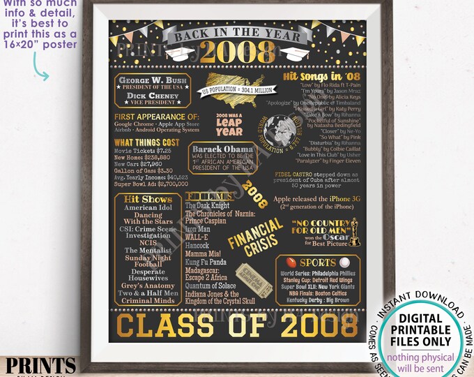 Class of 2008 Reunion Decoration, Back in the Year 2008 Poster Board, Flashback to 2008 High School Reunion, PRINTABLE 16x20” Sign <ID>