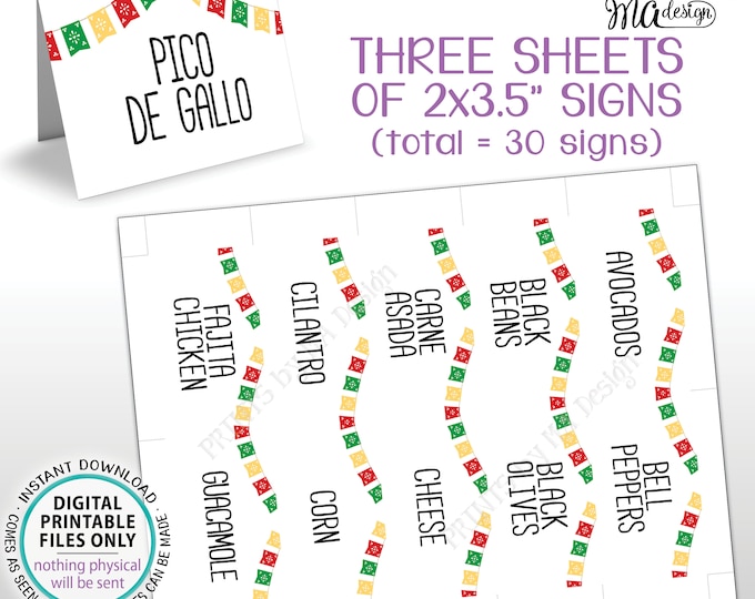 Taco Bar Labels with Flags, Fiesta Mini Menu Taco Menu Signs, PRINTABLE 8.5x11” Sheet of Thirty 2"x3.5" Labels <ID>