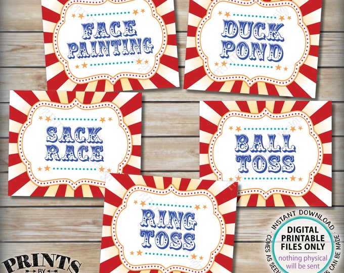 Carnival Games Signs, Circus Activities, Ball Toss, Ring Toss, Sack Race, Duck Pond, Face Painting, PRINTABLE 8x10/16x20” Party Signs <ID>