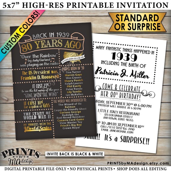 80th birthday party invitation born in 1939 flashback 80 years ago in 1939 invite custom 80th b day invite printable 5x7 invitation 80 birthday party invitations
