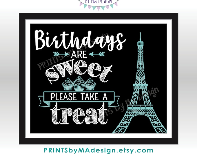 Birthdays are Sweet Please Take a Treat, Cupcakes, Eiffel Tower Birthday, Teal Blue & White PRINTABLE 8x10” Paris Theme Cupcake Sign <ID>