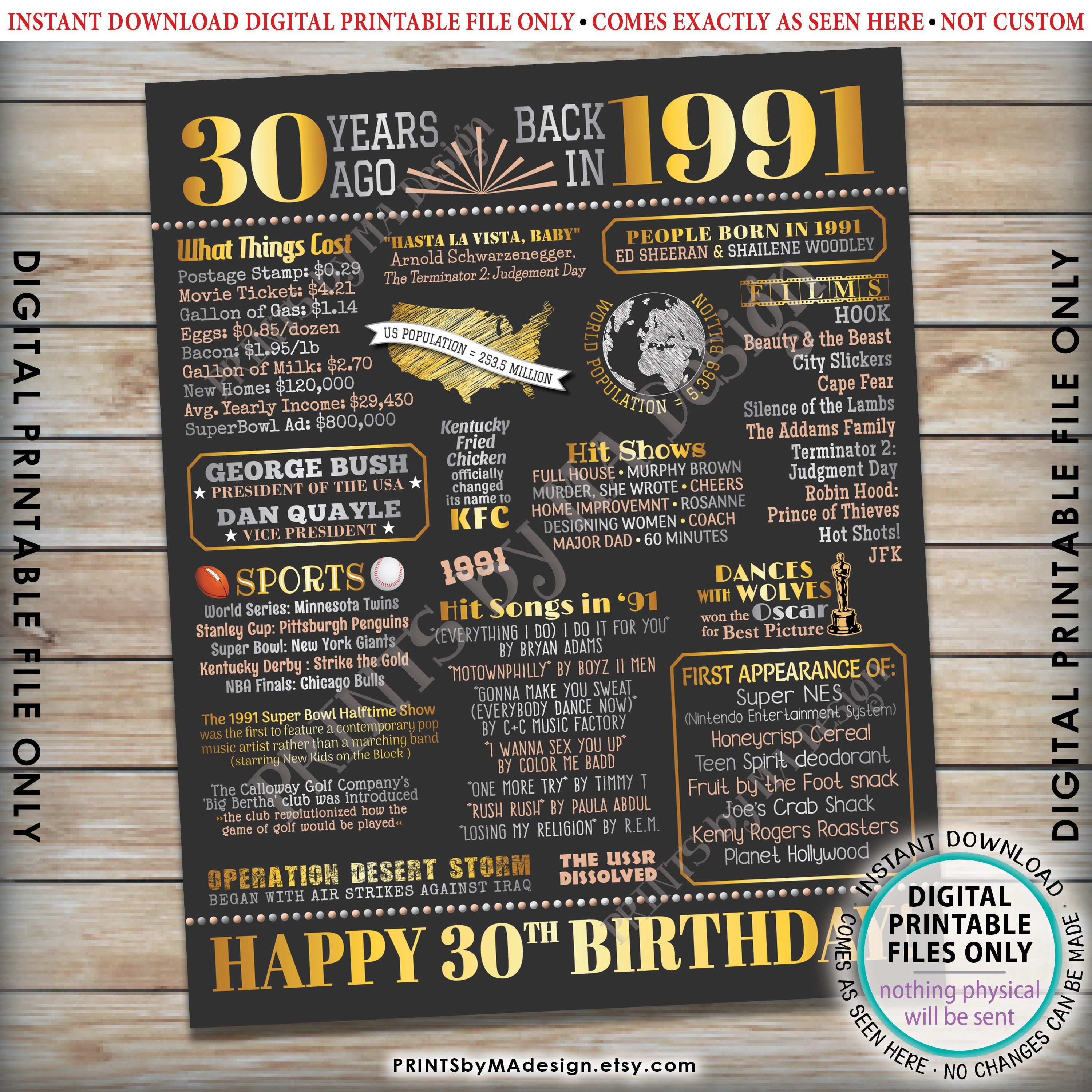 30th Birthday Poster Board, Born in the Year 1991 Flashback 30 Years