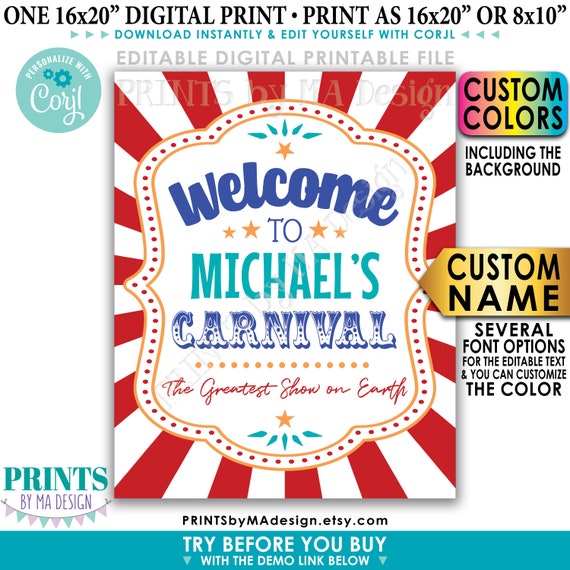 Carnival Welcome Sign, Welcome to the Carnival Theme Party Sign, Custom  PRINTABLE 8x10/16x20 Portrait Sign edit Yourself With Corjl 