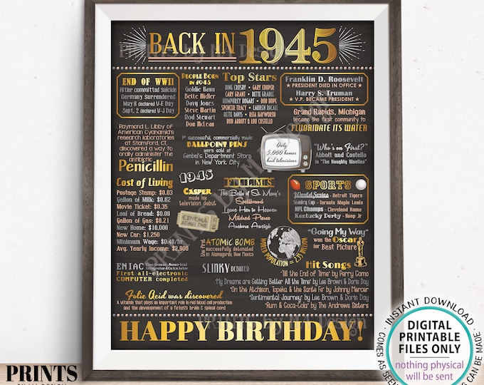 Back in 1945 Birthday Poster Board, Flashback to 1945 Birthday Decoration, ‘45 B-day Gift, PRINTABLE 16x20” Sign, Birthday Decor <ID>