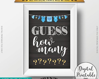 Guess How Many Sign, Guess the Number Baby Shower Game, Guessing Game, Blue Clothesline, Instant Download 5x7” Chalkboard Style Printable