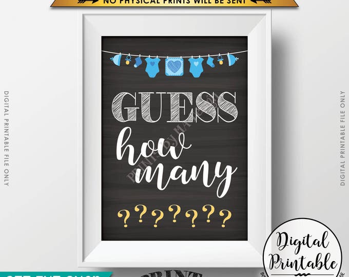 Guess How Many Sign, Guess the Number Baby Shower Game, Guessing Game, Blue Clothesline, Instant Download 5x7” Chalkboard Style Printable