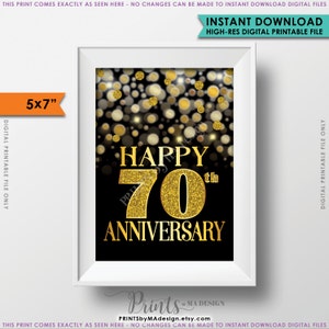 Tarjeta del 70 aniversario, Bokeh dorado, celebración del septuagésimo aniversario, tarjeta IMPRIMIBLE de estilo brillo negro y dorado de 5x7" <Descarga instantánea>