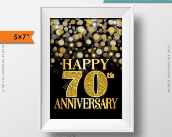 70th Anniversary Card, Golden Bokeh, Seventieth Anniversary Celebration, PRINTABLE 5x7" Black & Gold Glitter Style Card <Instant Download>