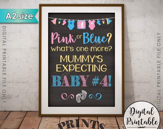 Baby #4 Pregnancy Announcement Pink or Blue What's 1 more? Mummy's Expecting Photo Prop, Instant Download A2 size Chalkboard Style Printable