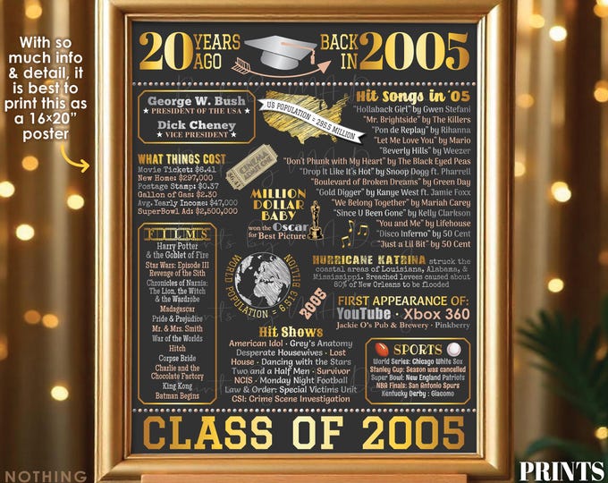 20th High School Reunion Decoration, Class of 2005 Graduated 20 Years Ago, Back in the Year 2005 Poster Board, PRINTABLE 16x20” Sign <ID>