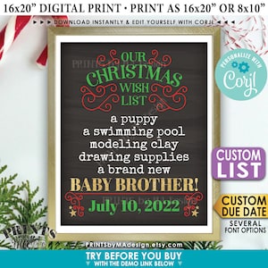 Anuncio de embarazo de Navidad, nuestra lista de deseos para un hermanito, lista personalizada, cartel de estilo de pizarra IMPRIMIBLE <Editar usted mismo con Corjl>