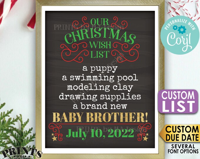 Christmas Pregnancy Announcement, Our Wish List for a Baby Brother, Custom List, PRINTABLE Chalkboard Style Sign <Edit Yourself with Corjl>