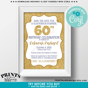 May include: A white framed invitation with a gold glitter border and background. The text reads: Save the date for a glamorous surprise 60th birthday celebration in honour of Deborah Packard, October 8, 2023, Albany, New York. Shh! It's a surprise!